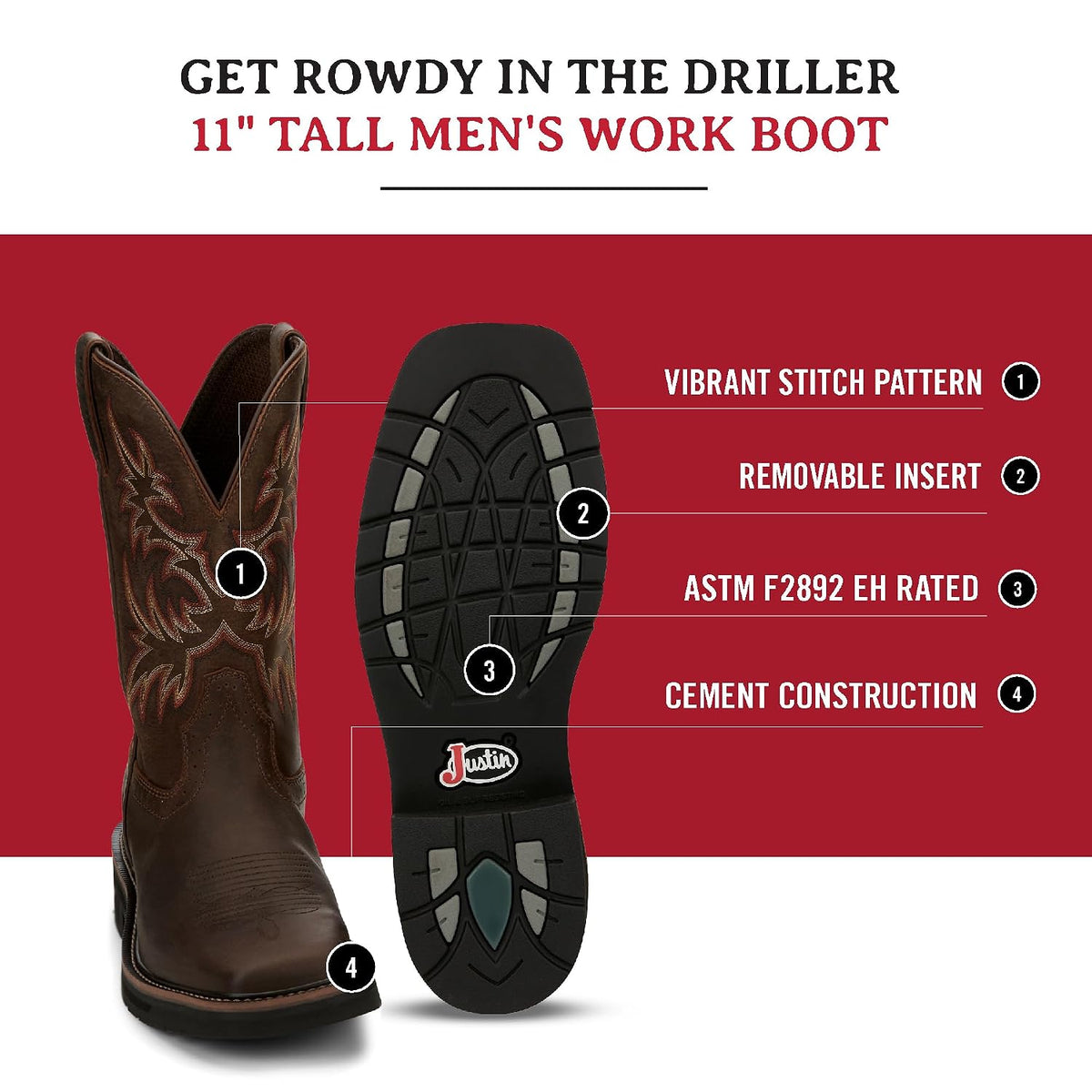 Justin Boot Company Men's, Dark Brown, 13 Wide
