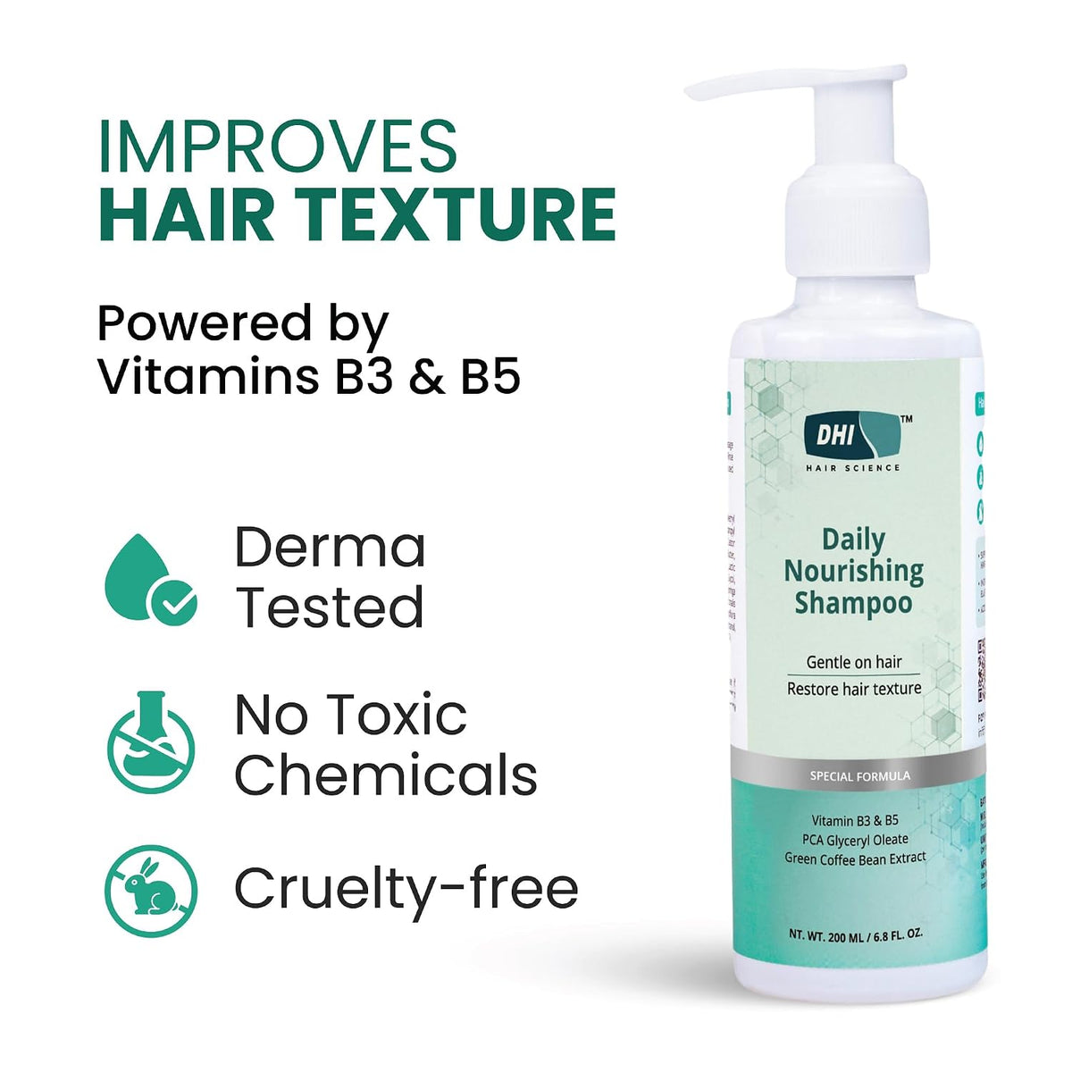 DHI Daily Nourishing Shampoo with Vitamin B3 & B5 | Improves Hair Texture, Protects | Dermatologically Tested | For All Hair Types | Paraben & Sulphate Free for