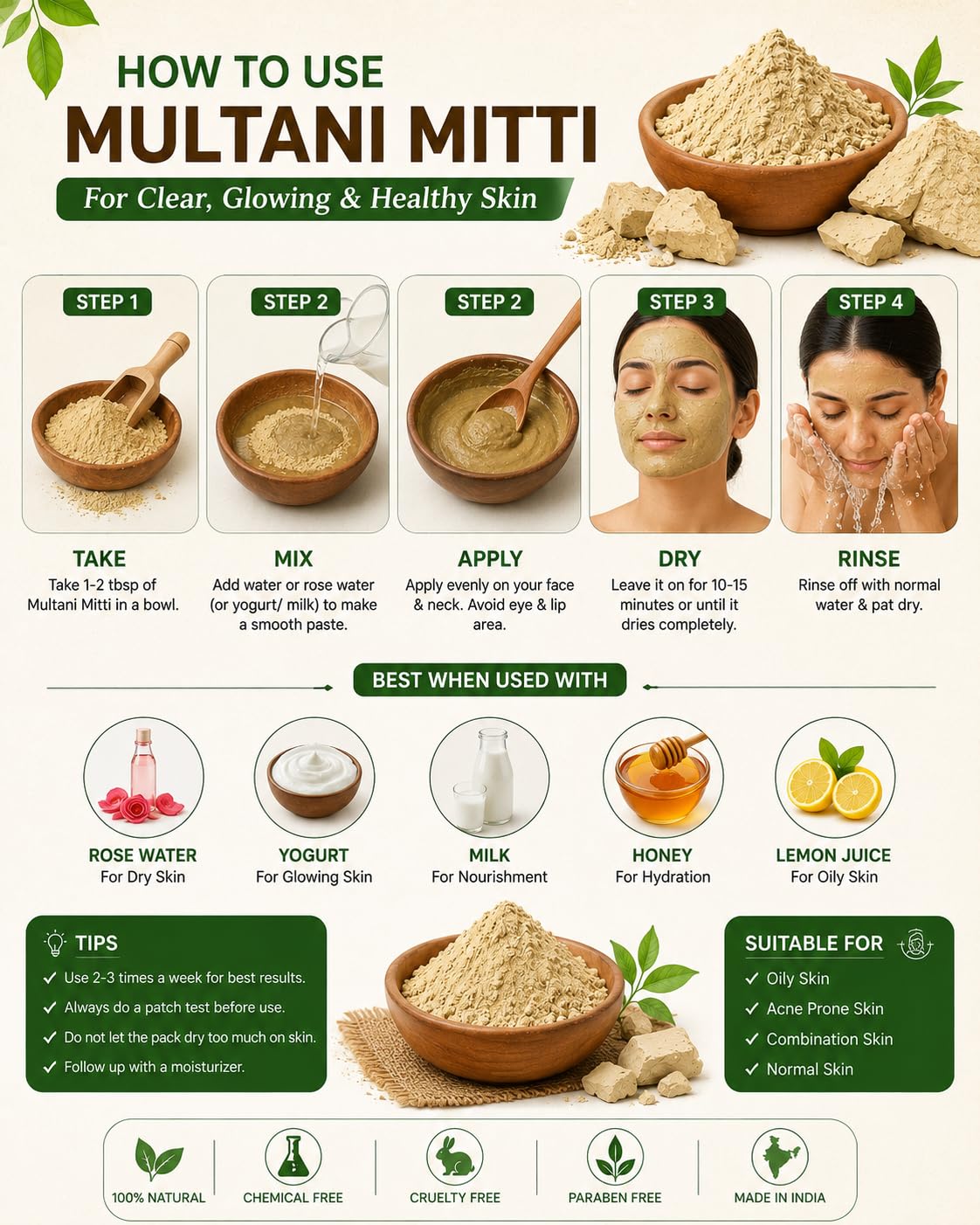 Pack of 1 Multani Mitti Powder 200g with Free Plastic Gloves | 100% Natural Fuller's Earth Face Pack | Deep Cleansing Clay for Oily Skin, Acne, Pimples, Tan Rem
