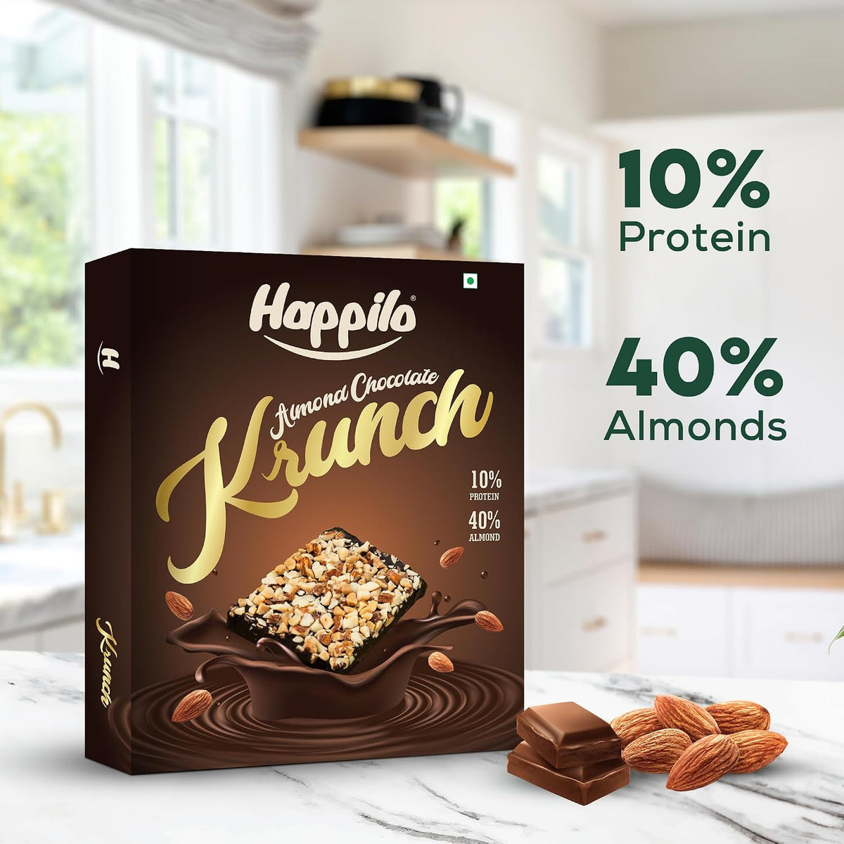 Happilo Premium Almond Chocolate Krunch Box 17g (Pack of 6), 10% Protein, 40% Almonds, Nutrient Rich, High in Protein and Fiber Bar