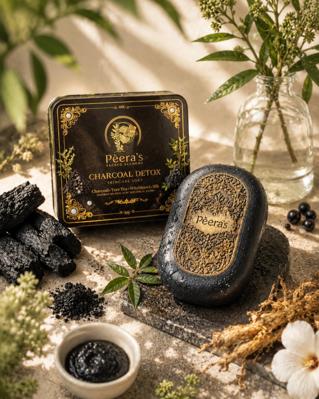Pèera's Sacred Alchemy Charcoal Detox Skincare Soap Bar with Activated Charcoal, Tea Tree Oil, Witch Hazel, Silk Extract, Deep Cleansing