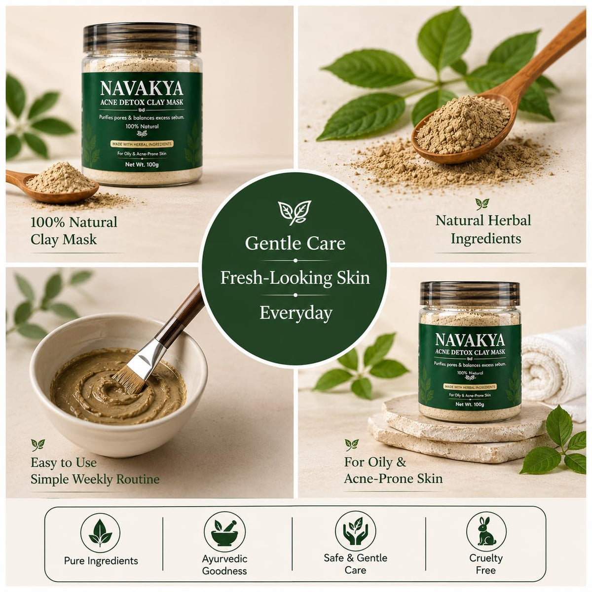 Herbal Acne Detox Clay Mask for Oily & Acne-Prone Skin | Multani Mitti, Neem & Tulsi Face Pack for Oil Control & Deep Cleansing | Natural Powder Face Pack 100g