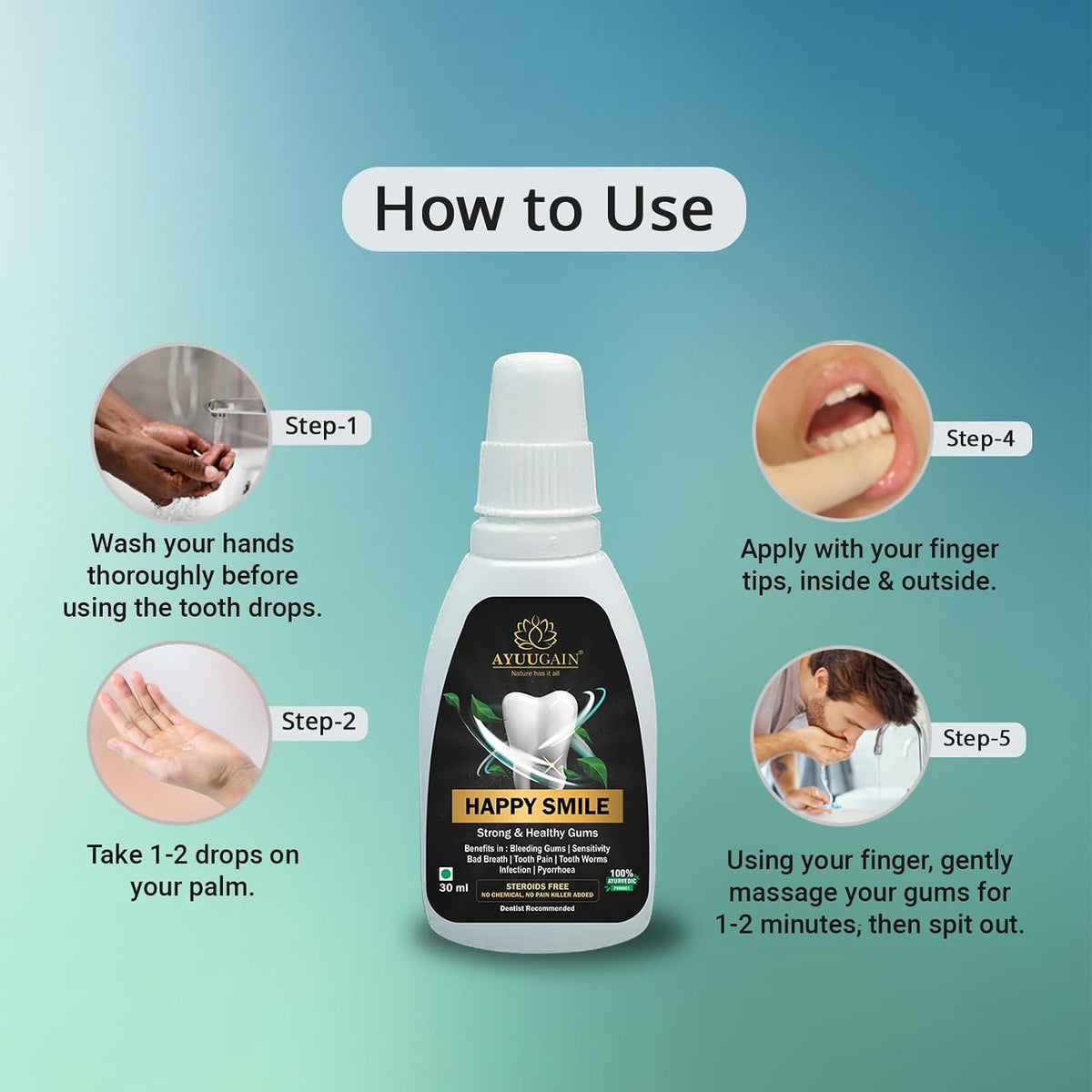 AYUUGAIN Happy Smile Gum Paint Herbal for Bleeding Gums, Bad Breath, Toothache, Strong Teeth, Sensitivity & Gum Pain Relief with Laung Oil (Clove), Pudina Satva