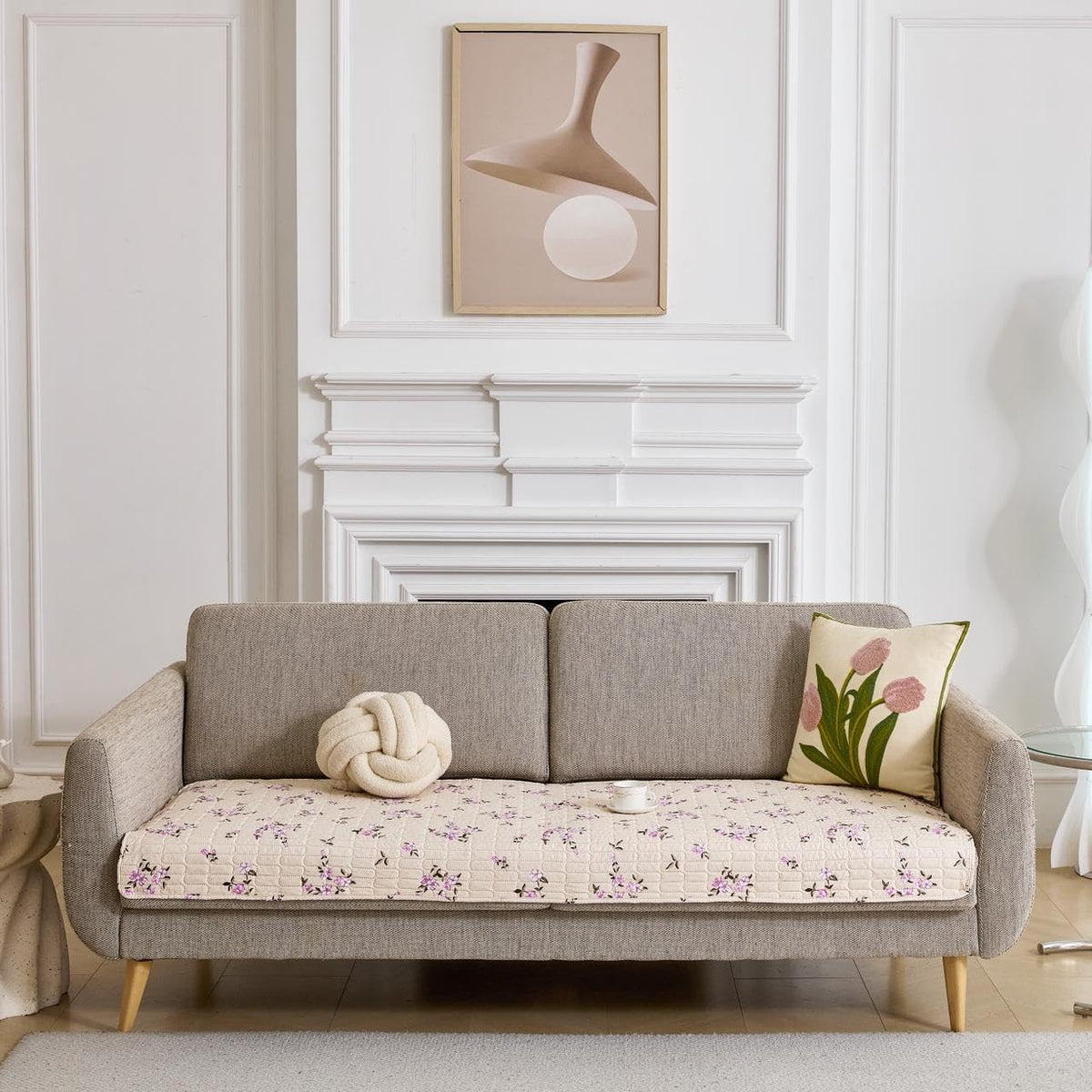 HOMETHREADS Anti-Skid Sofa Protector Mat: Premium Printed Cotton Slipcover with Strong PVC Non-Slip Backing (Beige, 2 Seater | 140x75cm) Beige 2 Seater | 140x75