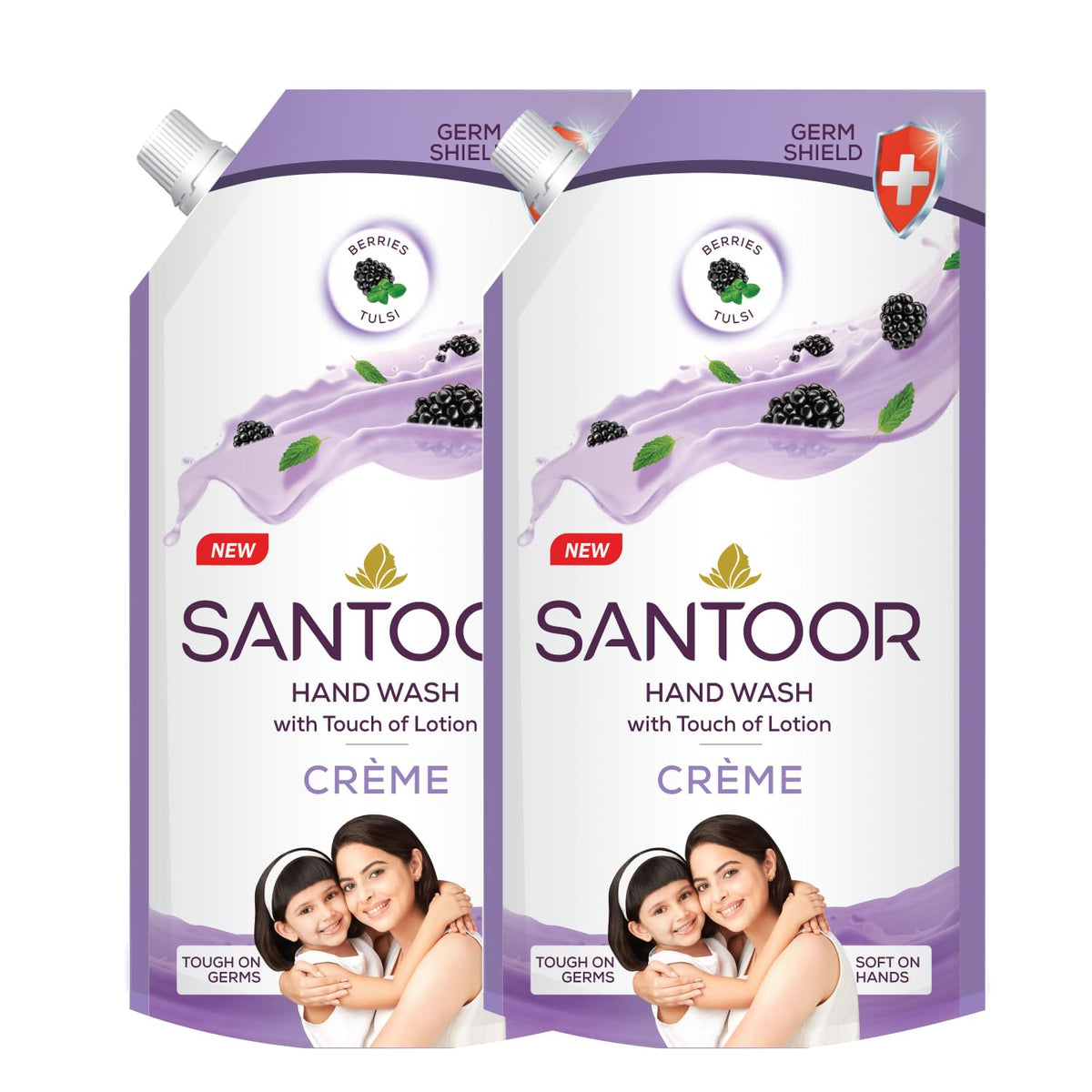 Santoor Crème Handwash 600ml, Pack of 2 with Touch of Lotion| Made with Berries & Tulsi| Rich Lathering Formula with Anti-Bacterial Properties| Soft on Hands| S