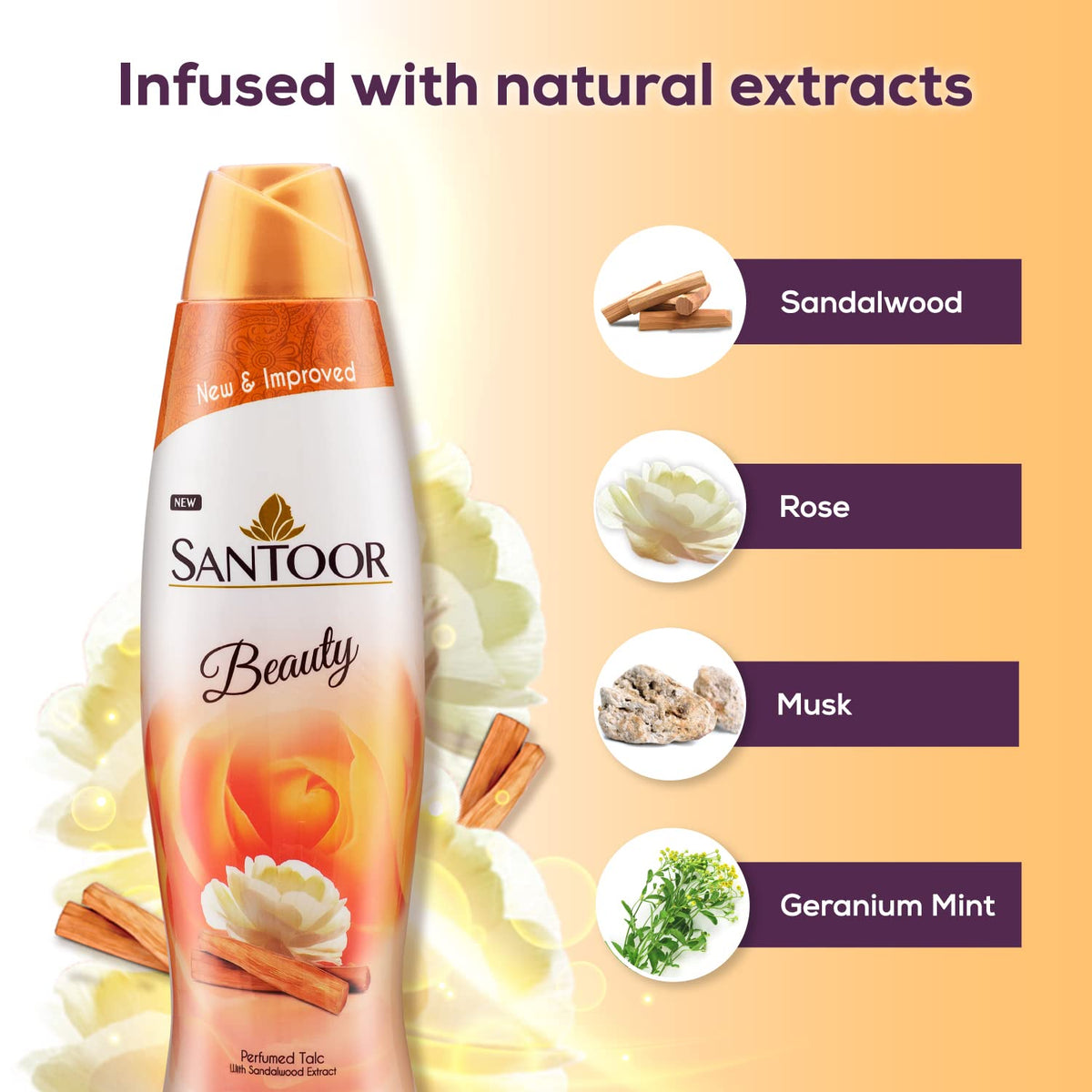 Santoor Beauty Perfumed Talc with Sandalwood Extracts| Sandal, Rose, Musk & Geranium Mint Fragrance| Absorbs Excess Moisture| Dermatologically Tested| For All S