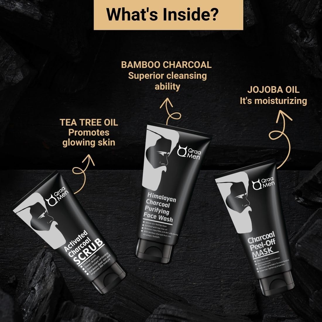 Qraa Men Charcoal Kit : Charcoal Scrub, Face wash & Peel-off Mask For Men - with Essential Oils | For deep cleansing & Glowing Skin | Anti Acne & Blackhead Remo