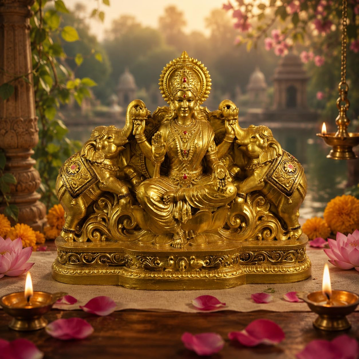 Goddess Lakshmi Laxmi Devi MATA Idol - 4.5 Inches Polystone Material Murti - Colour - Brass, Silver – Perfect Statue for Car Dashboard, Home, and Office Decor I