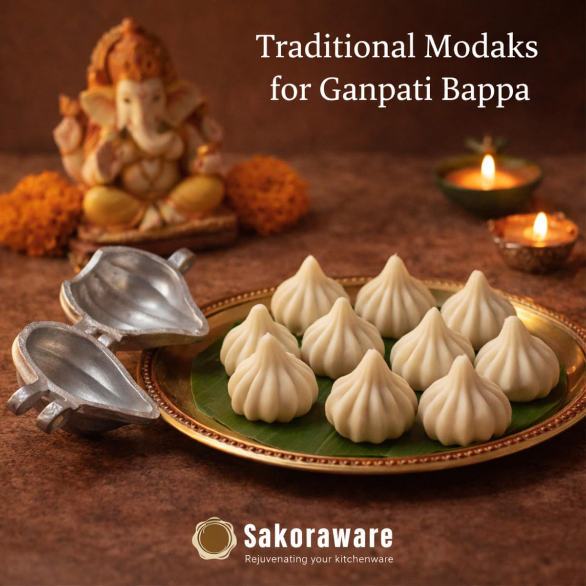 Sakoraware Aluminium Modak Maker Mould Mold Sacha Cutter | Gujiya Karanji Maker Machine | Dumpling Maker Kitchen Moulds for Holi | Ganesh Chaturthi | Diwali | F