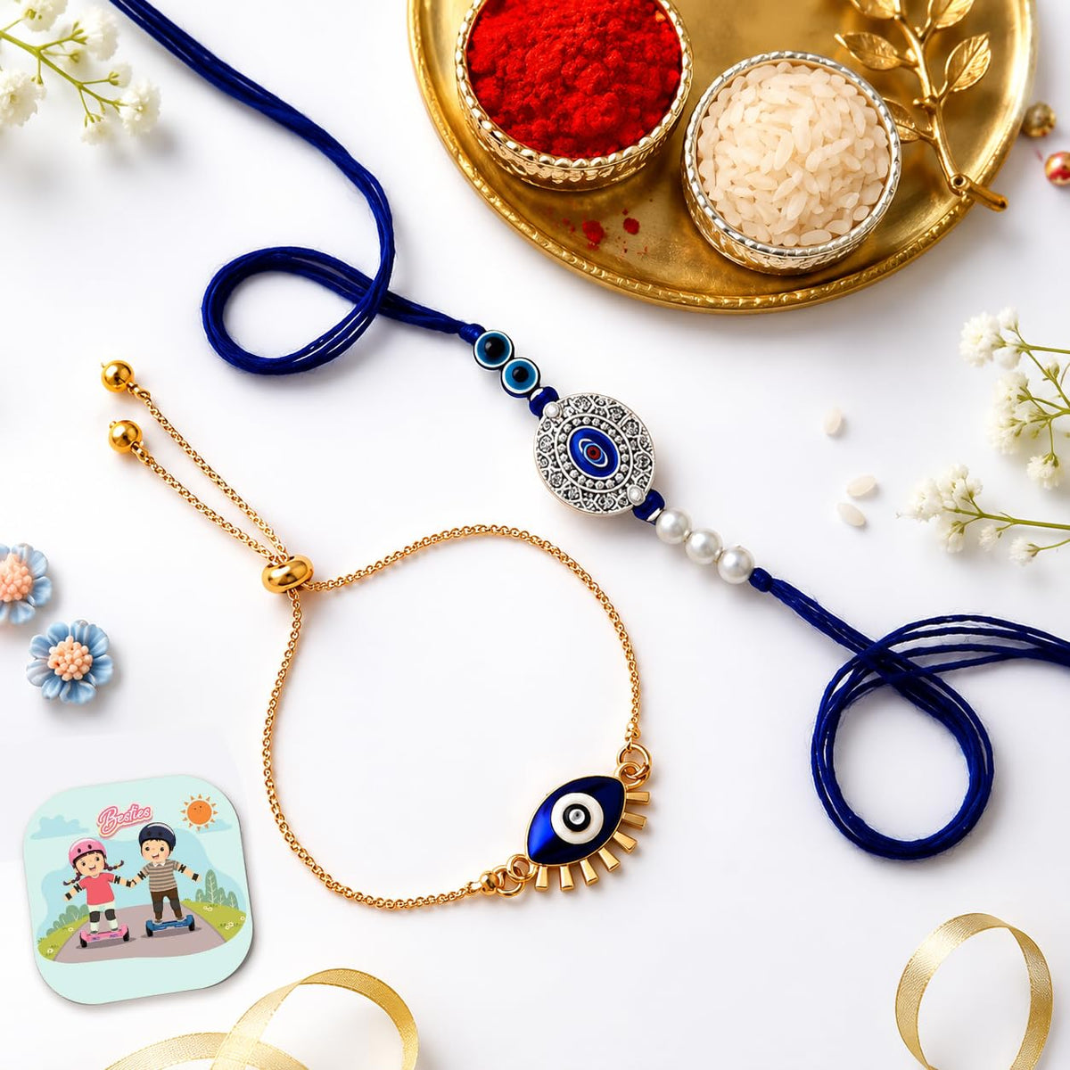 CraftVatika Bhaiya Bhabhi Evil Eye Rakhi Magnet Combo Set for Brother Designer Rakhi for Unisex Adult Rakshabandhan Bracelet Evil Eye Hand Set with Gift C1- Evi