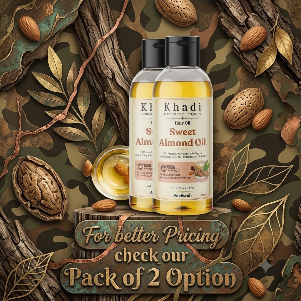 Khadi Natural Sweet Almond Hair Oil | Cold Pressed 100% Natural & Organic Hair Oil for Long & Shiny Hair | Khadi Hair Oil for Women & Men | 110 ml | Amritansh S