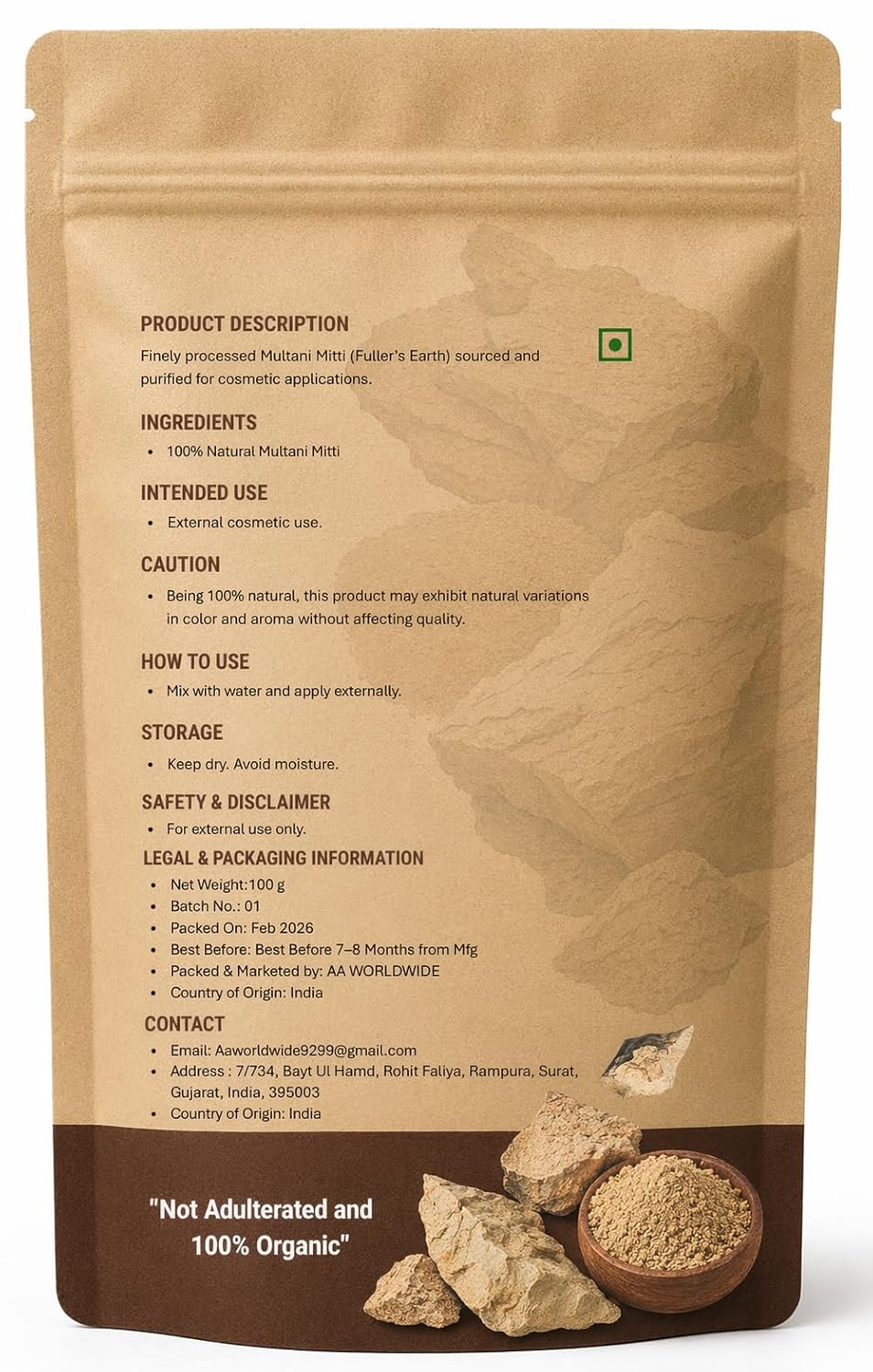 Multani Mitti Powder, Fuller's Earth Clay, Sun-Dried Pure Natural, for Face Pack, 100 g