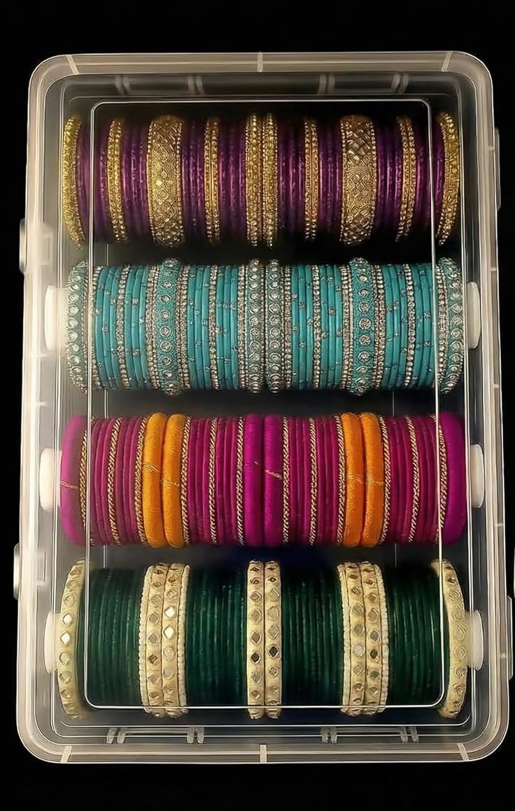 Bangle Storage Box with 4 Removable Rods, Clear Plastic Organizer, Multi-Compartment Jewelry Display Container, Stackable Design, Dust Protection, 32D x 16W x 9