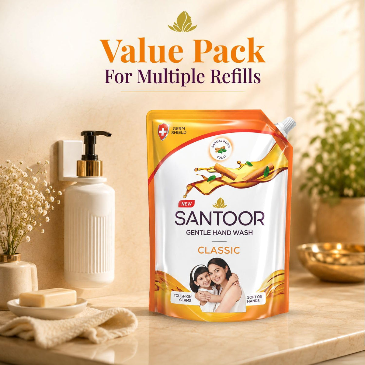 Santoor Classic Gentle Hand Wash with Natural goodness of Sandalwood & Tulsi, 1200ml