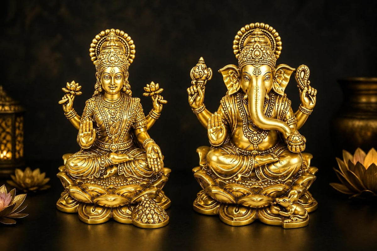 ARC Modern Antique Finish Brass Ganesha Lakshmi Idol Set | Handcrafted Ganpati & Laxmi MATA Murti for Home Temple, Pooja Room & Office Decor | Hindu God Statue