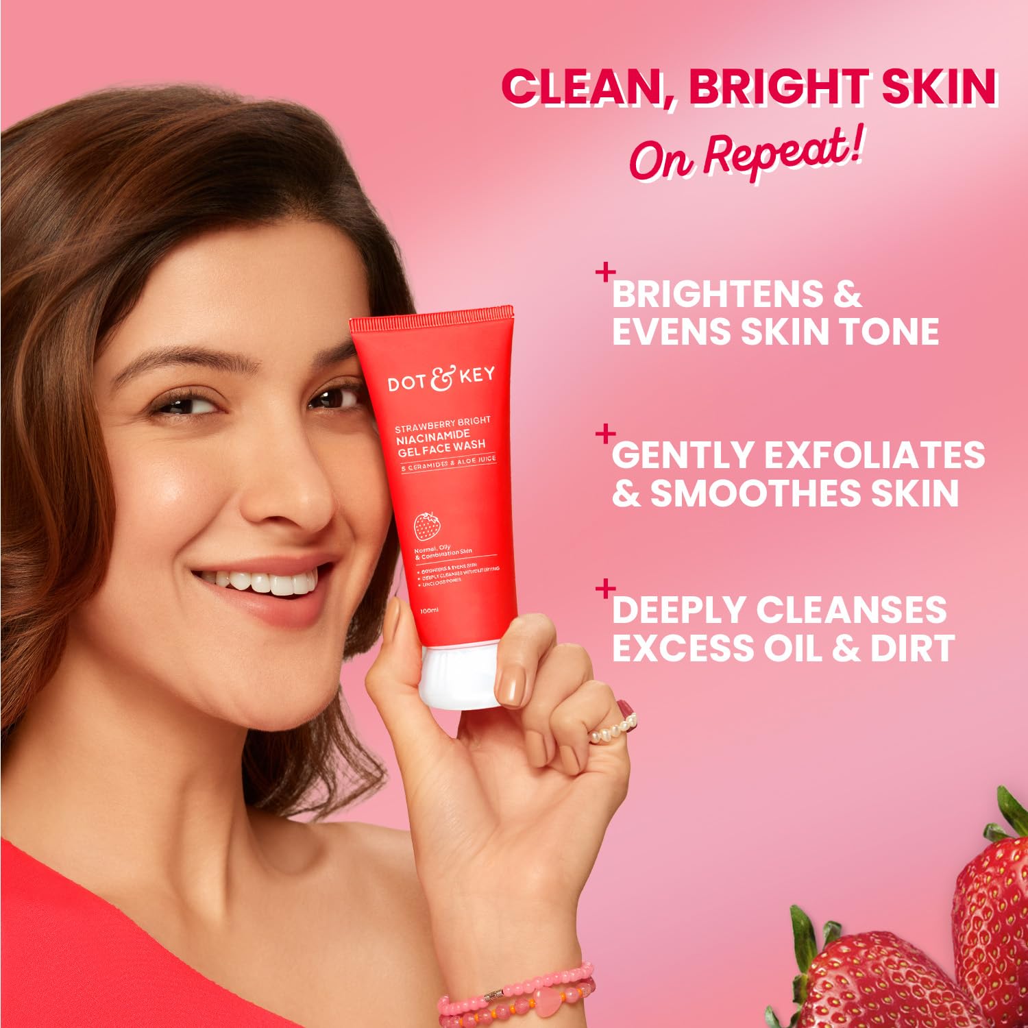 Strawberry Bright Niacinamide Gel Face Wash, Non-Drying Formula, Brightens & Smoothes, Evens Skin Tone, Reduces Excess Oil, Unclogs Pores, Deeply Cleanses, For Oily & Combination Skin