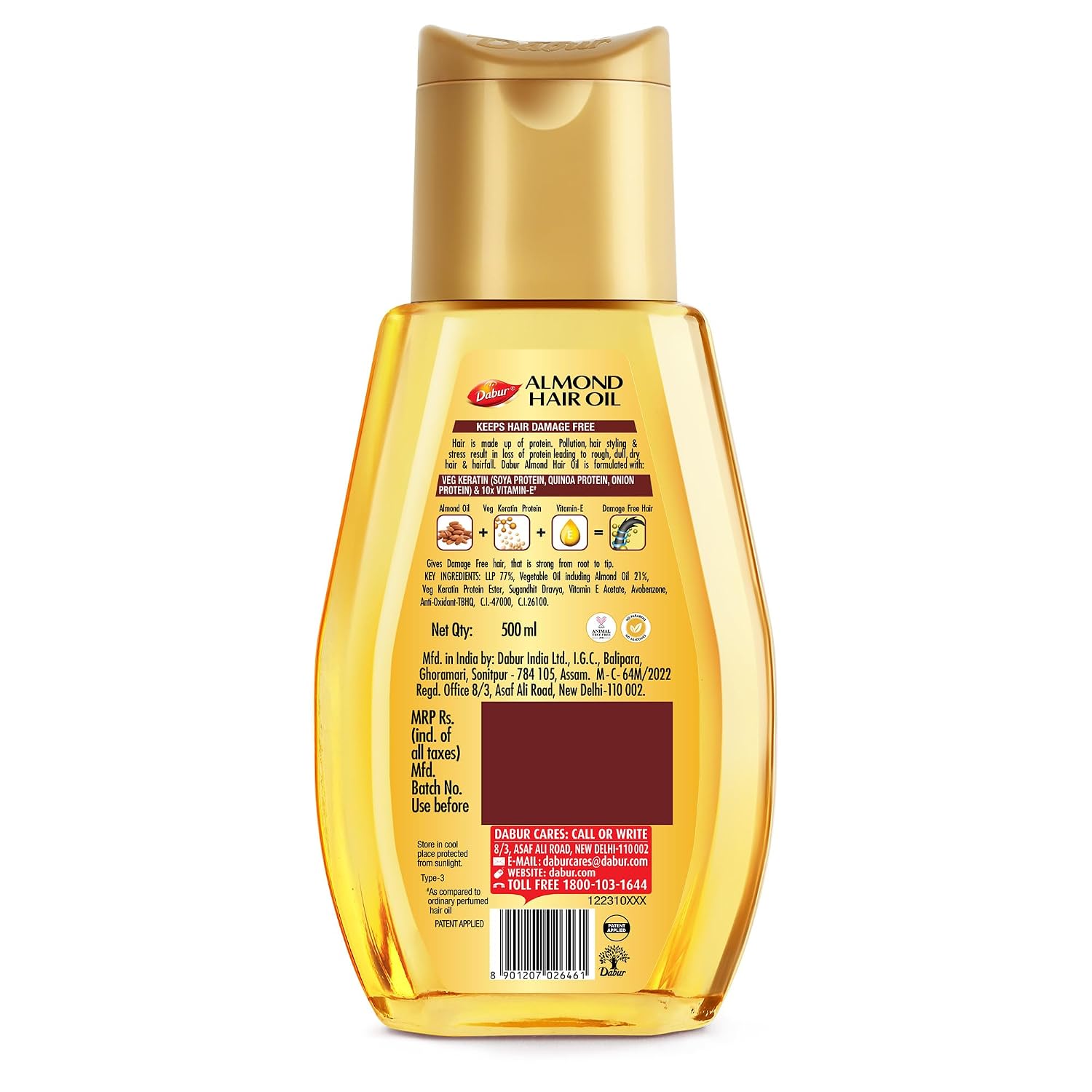 Dabur Almond Hair Oil - 500ml | Provides Damage Protection | Non Sticky Formula | For Soft & Shiny Hair | With Almonds, Keratin Protein, Soya Protein & 10X Vitamin E