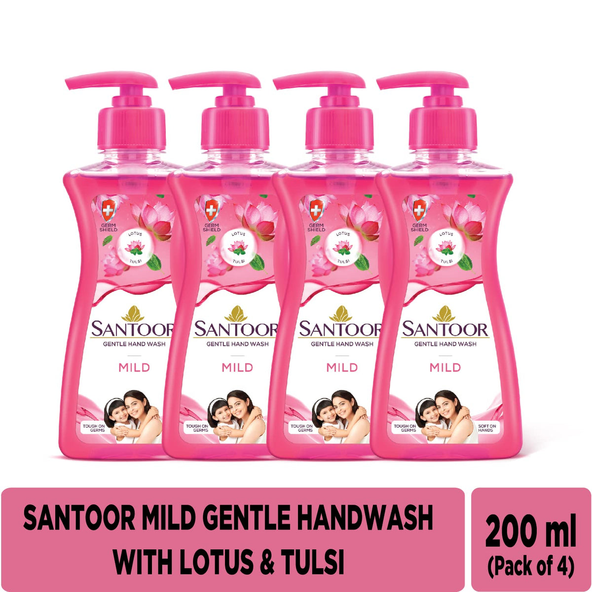 Santoor Mild Gentle Hand Wash 200ml, Pack of 4 with Goodness of Lotus & Tulsi| Rich Lathering Formula with Anti-Bacterial Properties| Soft on Hands| Soothes & H