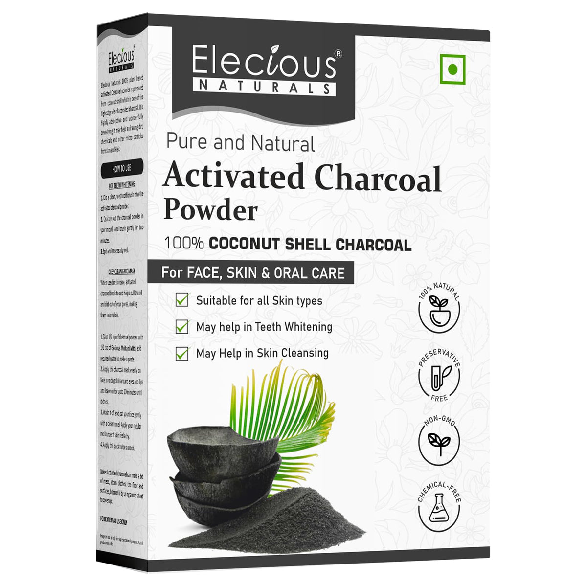 Elecious Naturals Activated Charcoal powder Ideal for face and Skin (200 grams) | Removed dead skin, Impurities and Detoxify Skin |Coconut Charcoal powder | 100