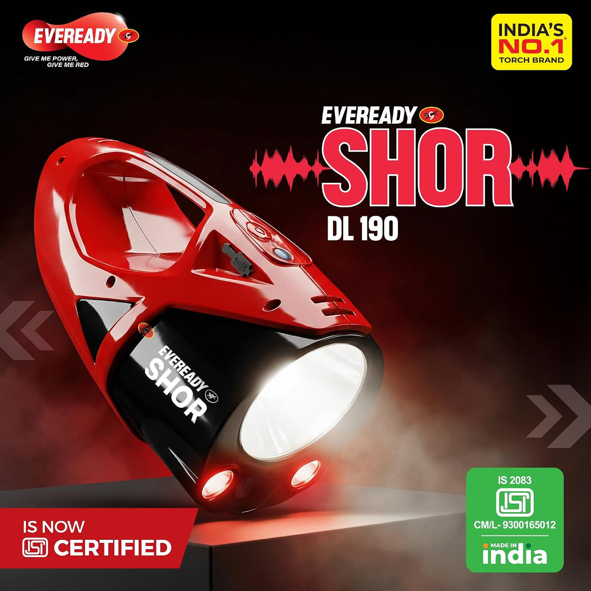 EVEREADY Shor DL190, Commander Torch, 5W Front Light & 3W Sidelight, Rechargeable, USB Type-C Fast Charging, Light Strobe, 100 dBA Animal Alarm, Powered by Li-i