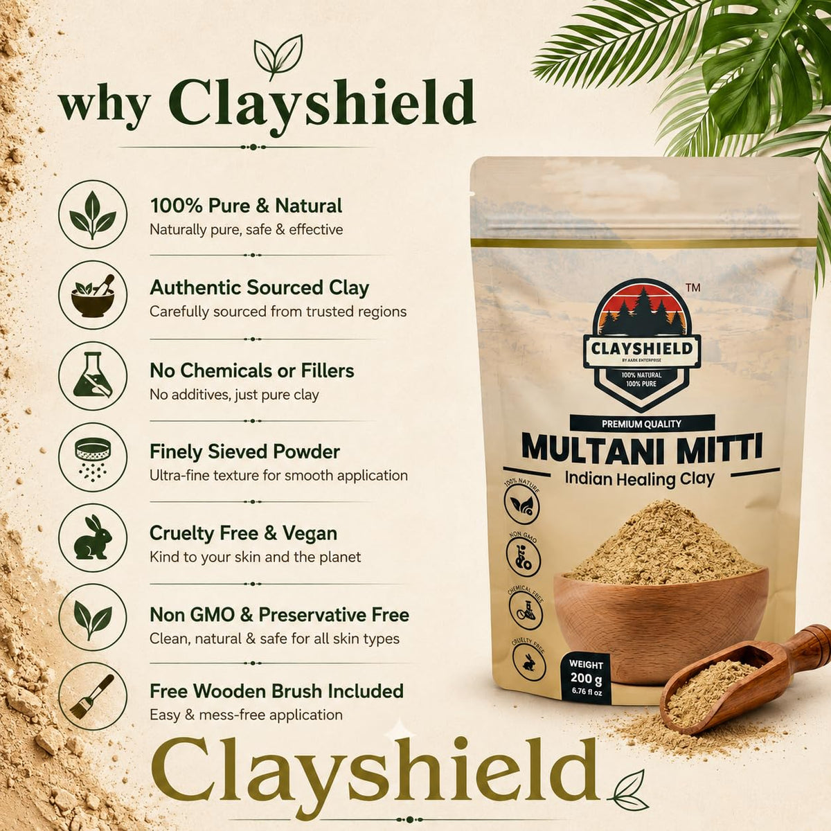 100% Pure Multani Mitti Powder 200g with Free Wooden Brush | Fuller's Earth Face Pack | Deep Cleansing, Oil Control & Natural Glow | Ayurvedic Skincare for All
