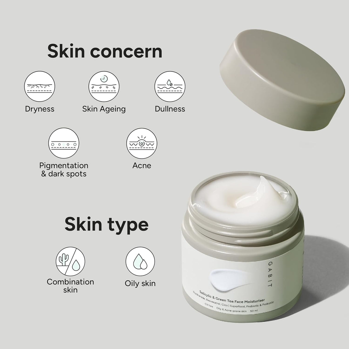 Gabit Salicylic Acid & Green Tea Face Moisturiser For Acne, Blackheads & Open Pores | 0.5% Salicylic, Oil free, Exfoliates, Brightens skin |Ceramides, Niacinami