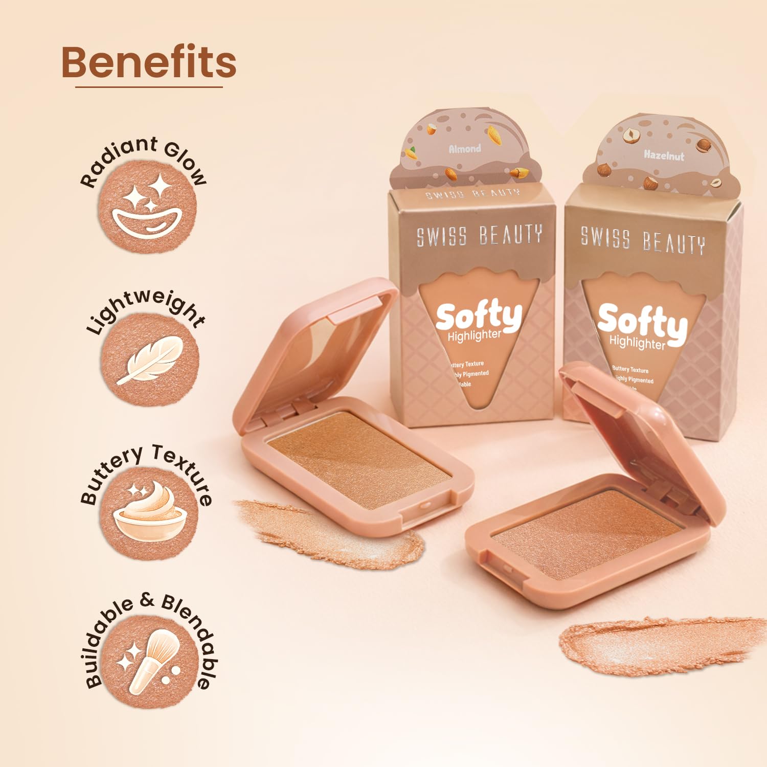 Swiss Beauty Softy Highlighter | Buttery Texture | Blendable | Highly Pigmented | Long-Lasting | Travel-Friendly | 7g, Shade- 2. Hazelnut