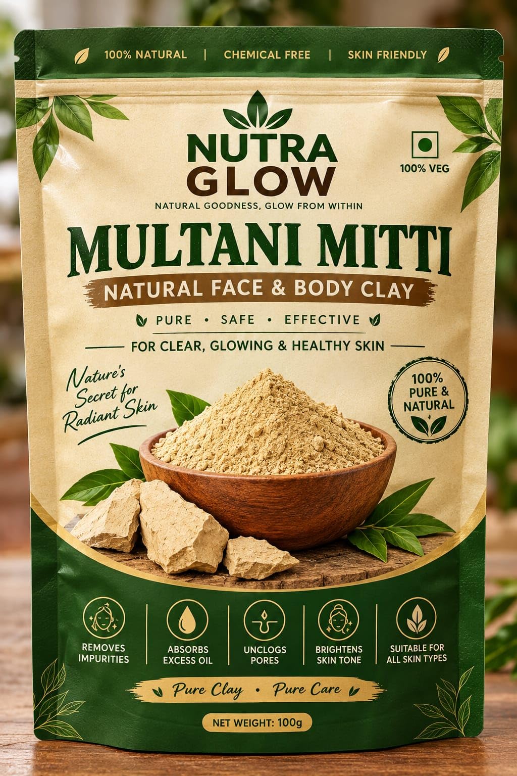 Nutra Glow Multani Mitti Natural Face & Body Clay 100g
