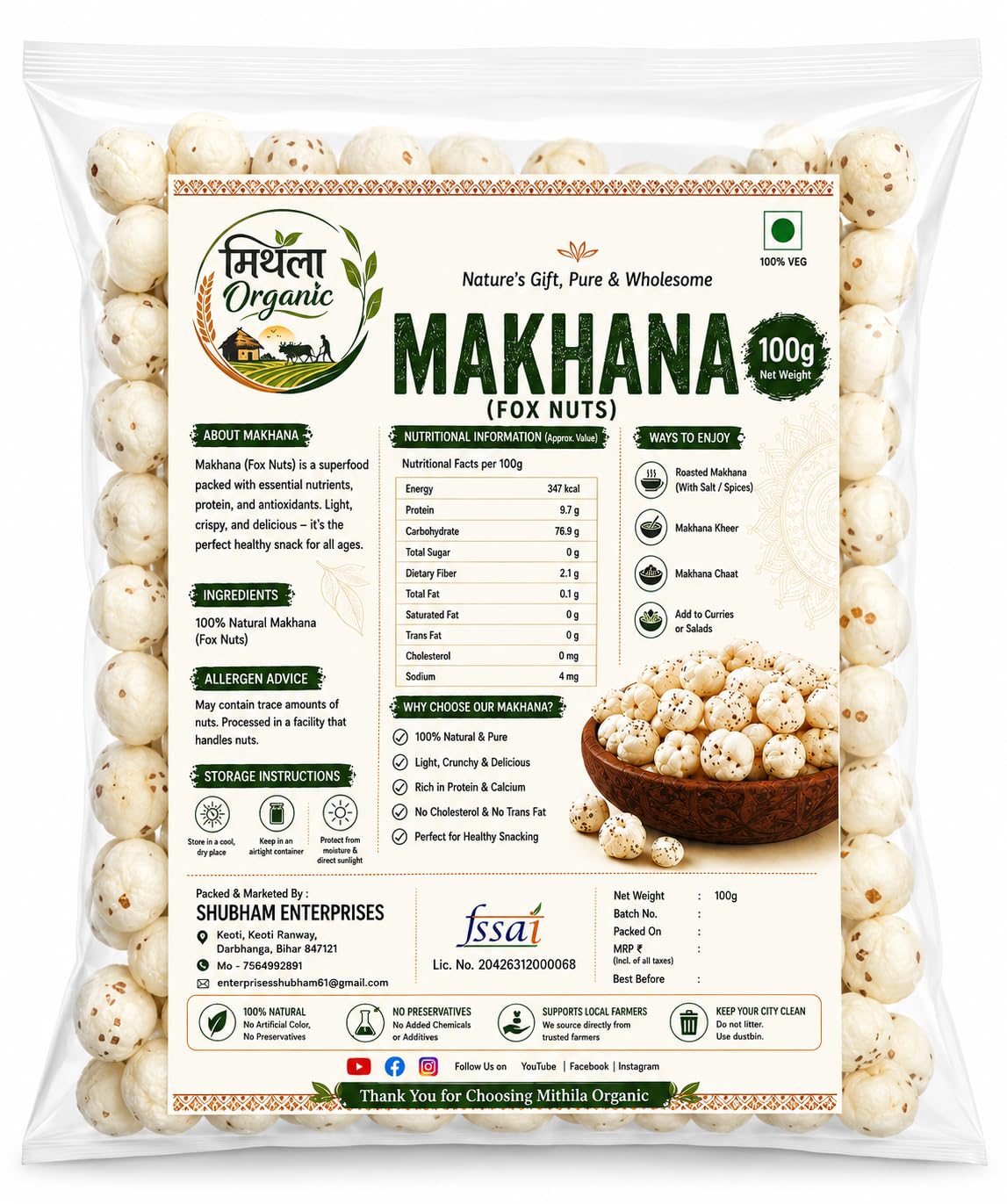 Mithila Organic Makhana Fox Nuts and Lotus Seeds Big Size Phool Makhana 100g