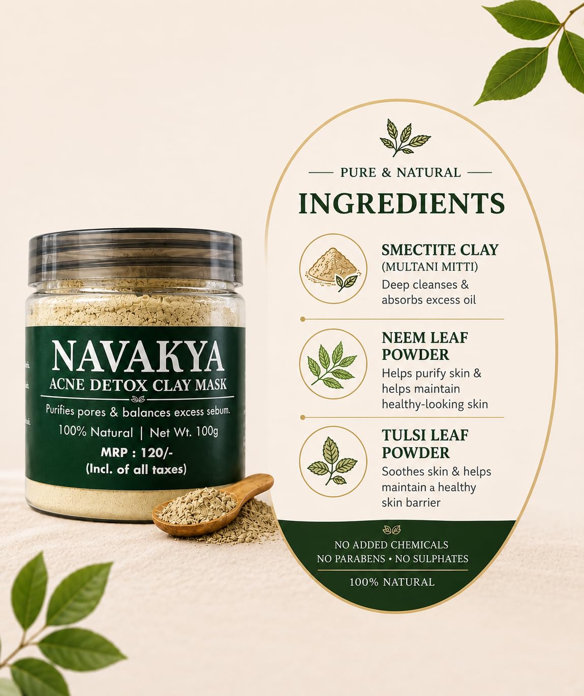Herbal Acne Detox Clay Mask for Oily & Acne-Prone Skin | Multani Mitti, Neem & Tulsi Face Pack for Oil Control & Deep Cleansing | Natural Powder Face Pack 100g