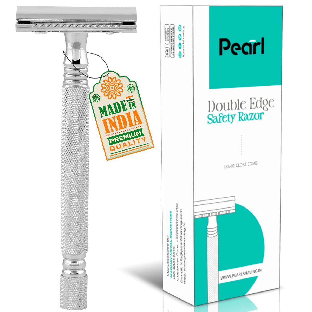 Pearl Shaving Double Edge Safety Razor (SS-01 CC-CHROME) made with Brass Metal- Classic & Traditional | Complimentary Blade Refills | Shaving Kit | Diwali Gift