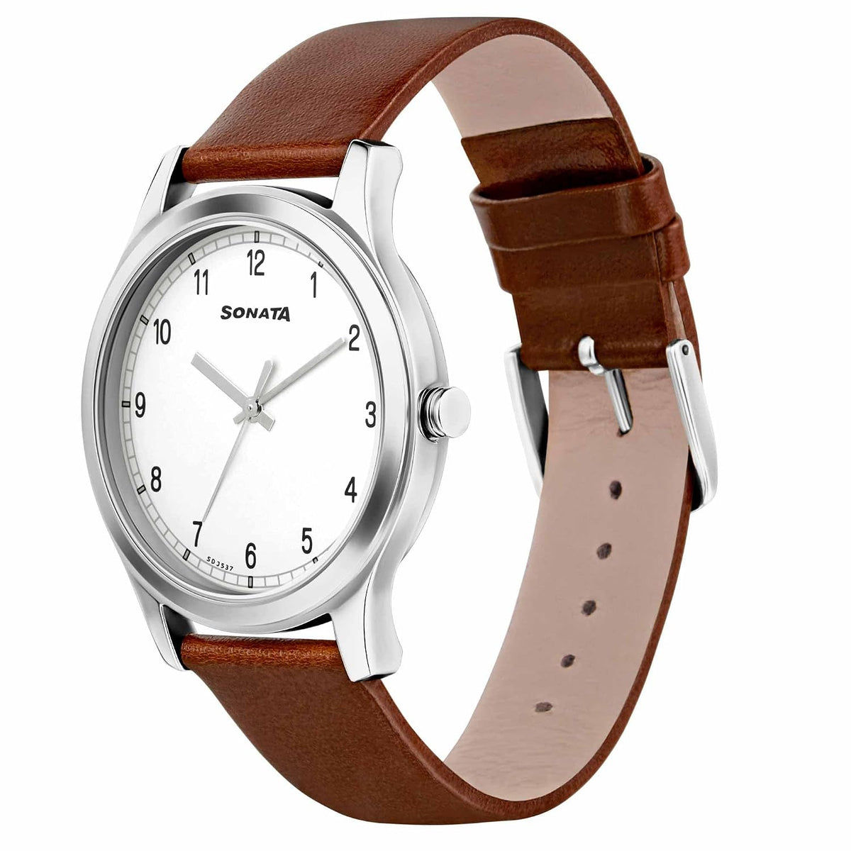 Sonata Quartz Analog White Dial Brown Leather Strap Watch for Men - NT7135SL03