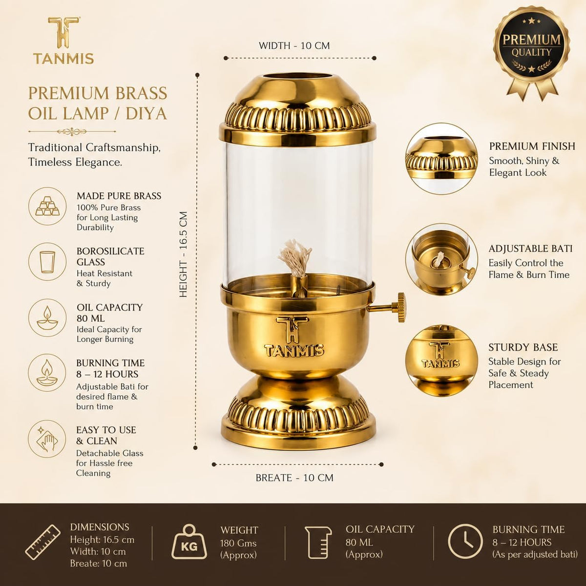 100% Pure Brass Akhand Jyoti Diya with Borosilicate Glass Cover |Windproof Akhand Deepak for Mandir & Temple | Adjustable Bati | 80 ml Oil Capacity | 8-12 Hours