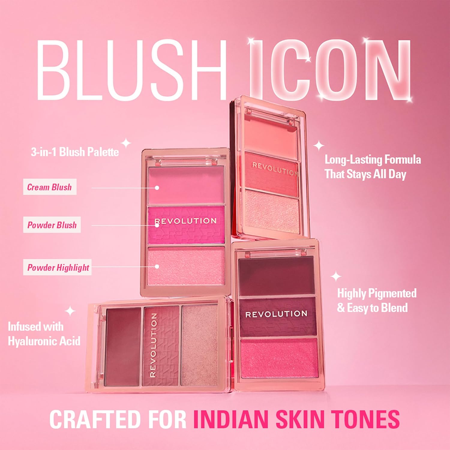 Revolution, Blush Icon Palette, Cream & Pressed Powder Blusher, Highly Pigmented, Face Palette, Vegan & Cruelty-Free, 3 Shades (Hot Pink Flag, 9.8gm)