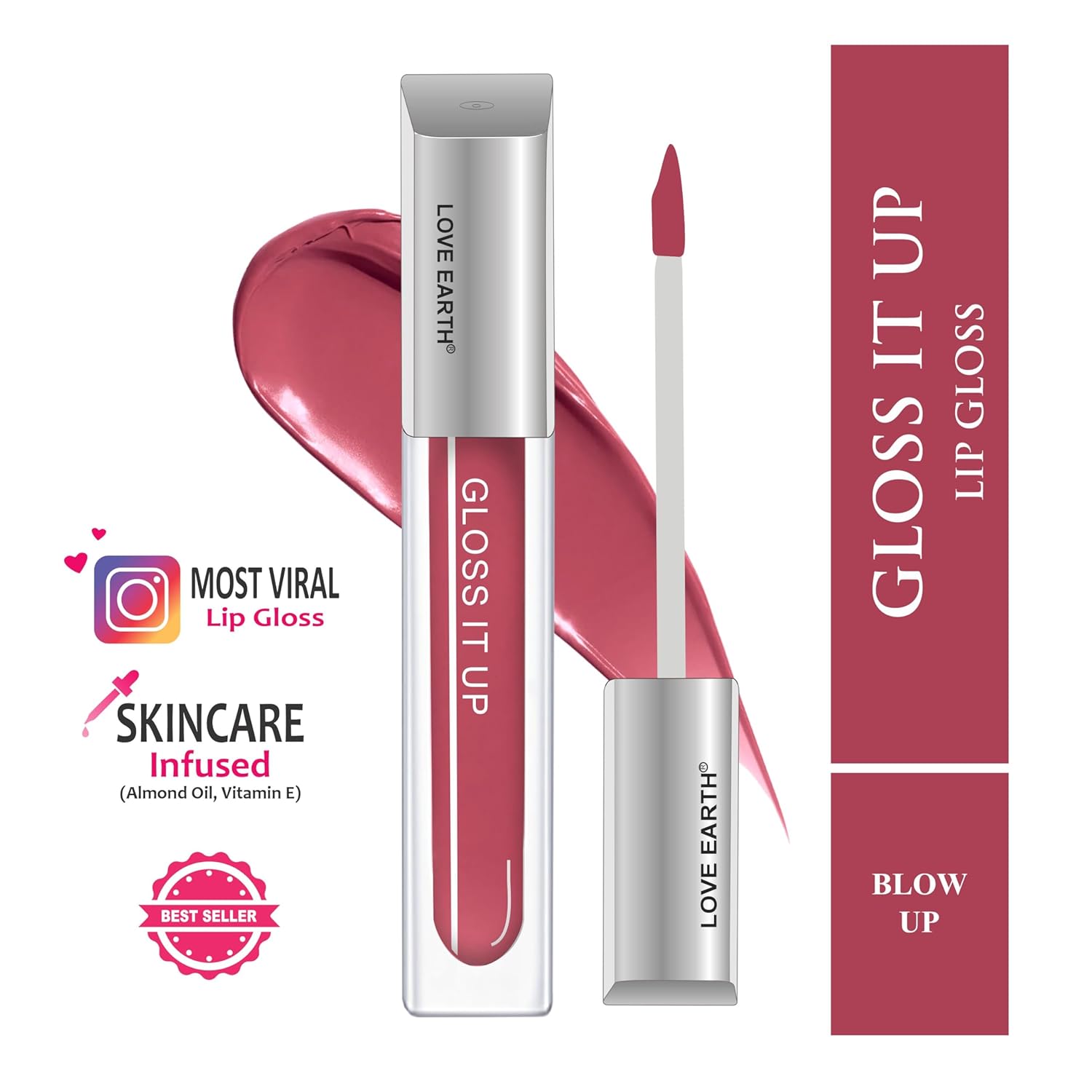 Love Earth Liquid Lip Gloss -Blow Up For Soft & Dewy Lips Enriched With Vitamin E & Almond Oil Lip Color For Glossy Look |Lightweight Non Sticky Lip Shiner For Moisturizing Lips 3ml (Dark Pink)