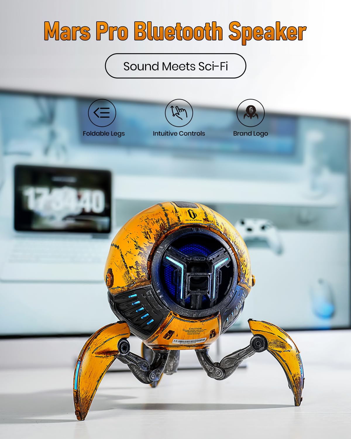 GravaStar Mars Pro Bluetooth Speakers, Bass Boost, 15H Playtime, Stereo Sound Music Box, Portable Bluetooth, Wireless Speaker for Party (Yellow)
