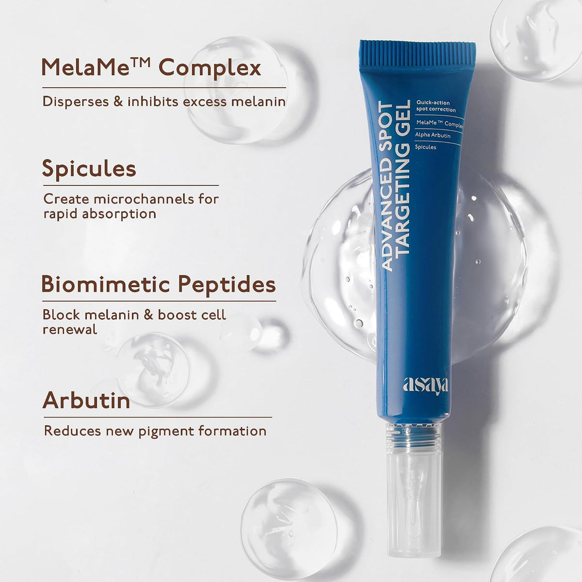 Asaya Advanced Dark Spot Targeting Gel | Reduces Pigmentation, Post-Inflammatory Hyperpigmentation, Acne Marks & Scars | MelaMe™ Complex, Spicules & Alpha Arbut