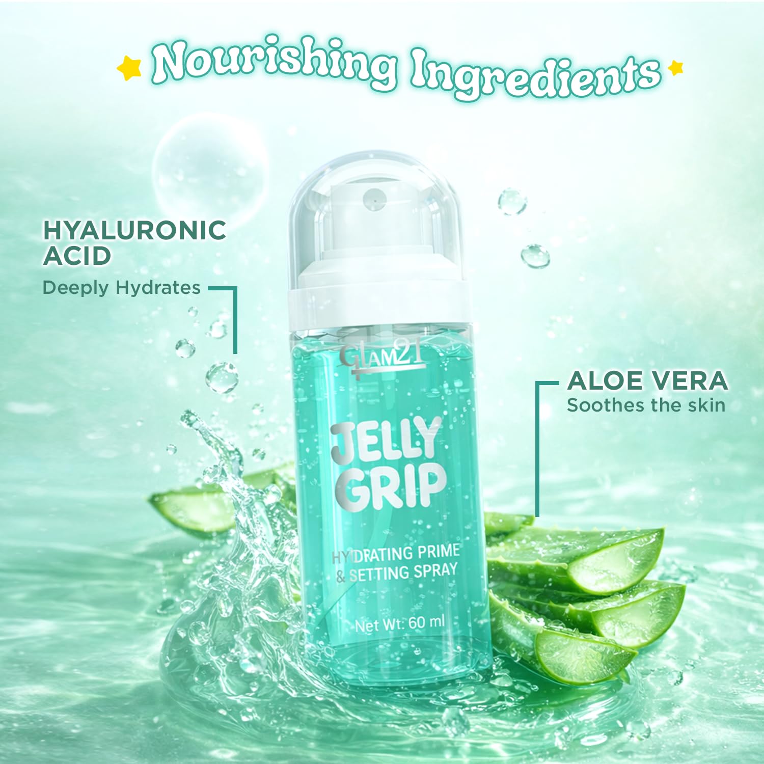 Glam21 Jelly Grip Hydrating Setting Spray & Primer Mist with Aloe Vera & Sodium Hyaluronate – Lightweight Dewy Finish Makeup Grip Spray, Long-Lasting Smudge-Proof Hold | 60ml