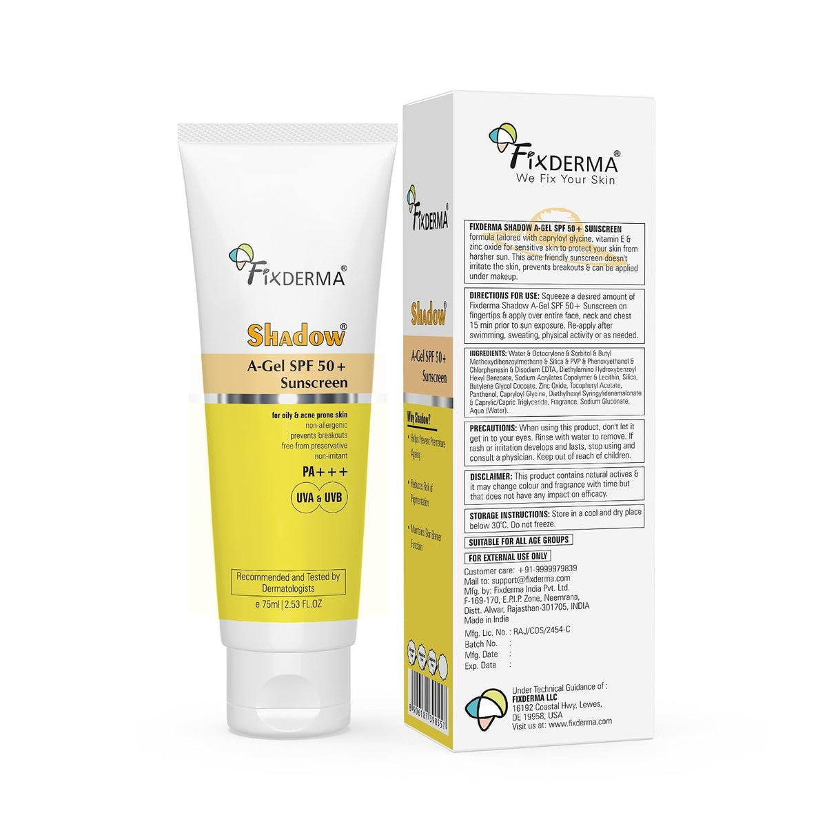 Fixderma Shadow A-Gel SPF 50+ Sunscreen PA+++ | For Oily & Acne-Prone Skin | Lightweight | Non-Greasy | No White Cast | Broad Spectrum For UVA & UVB Protection