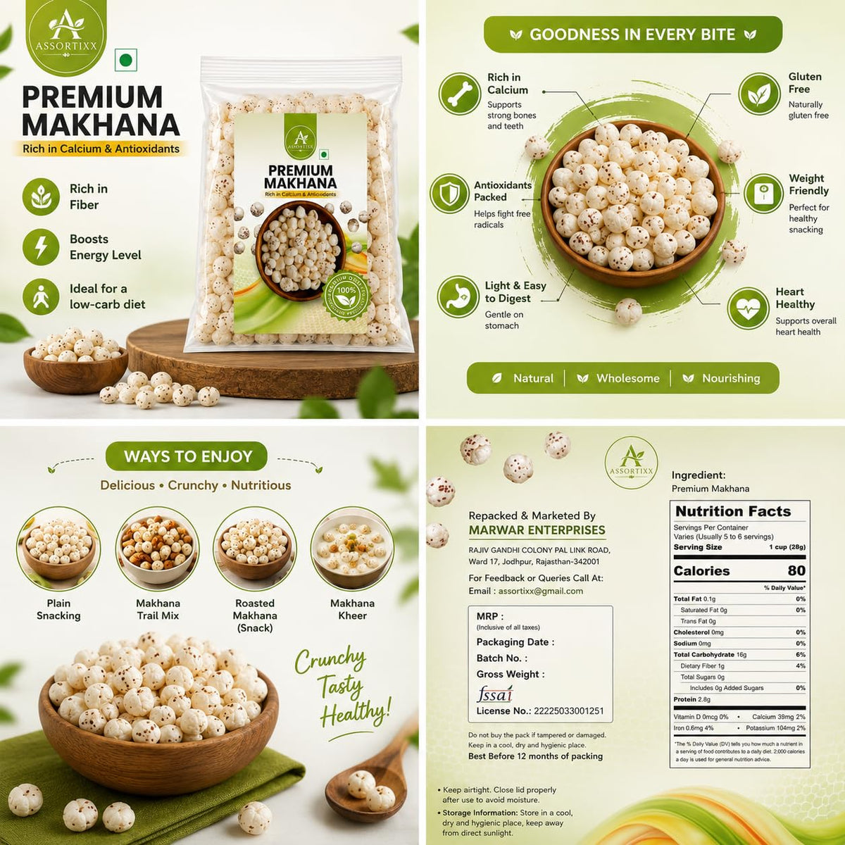 ASSORTIXX Premium Raw Makhana 500gm| Authentic Bihari Jumbo Makhana | Phool Makhana for Prasadam |Gluten-Free Foxnuts | Gorgun Nuts | Lotus Seeds | Puffed Snack