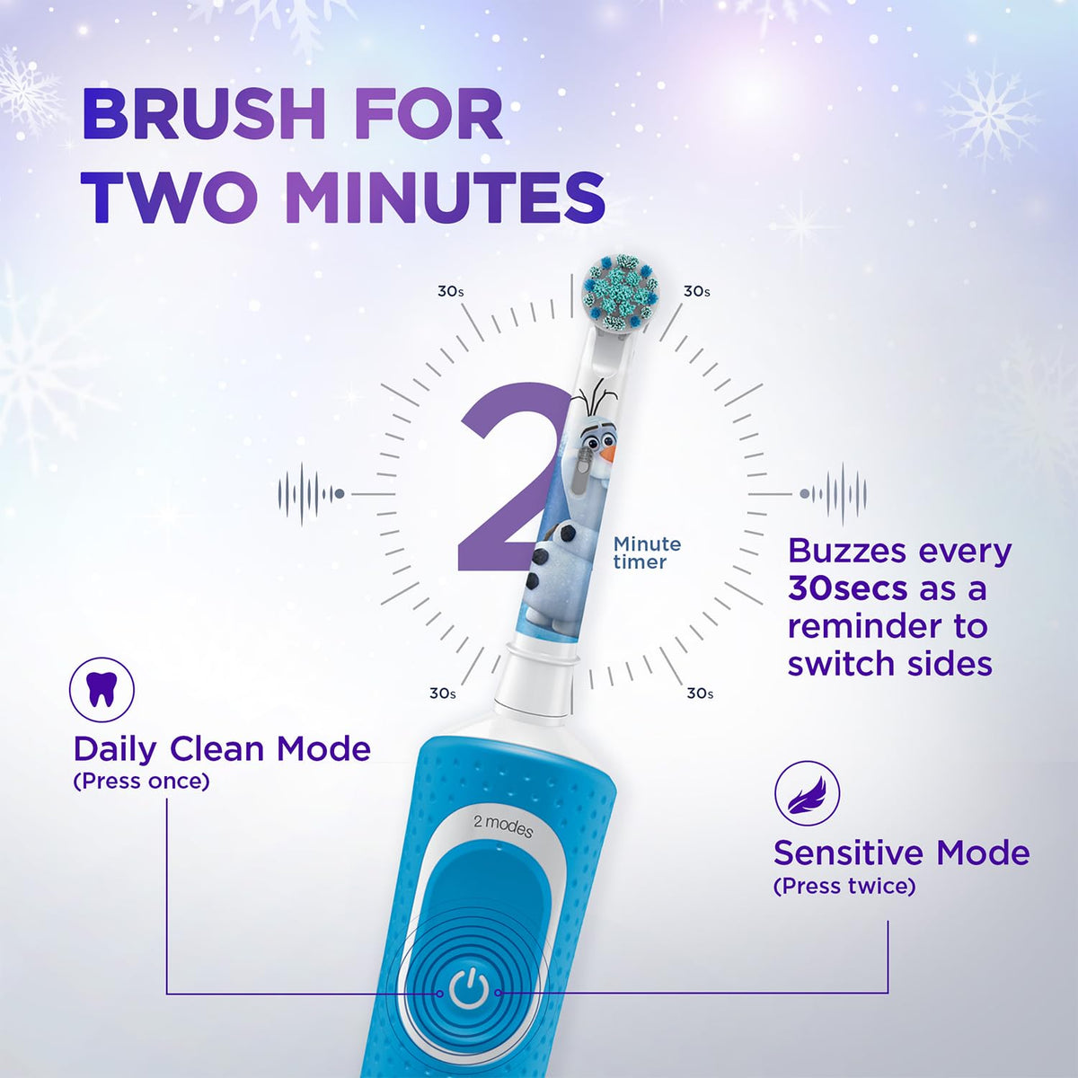 Oral B Kids Frozen Rechargeable Rotating Electric Toothbrush, 2 Brushing Modes (Daily & Sensitive), 2 Min Timer with Quadpacer, 2 Year Warranty, IPX7 Water Resi
