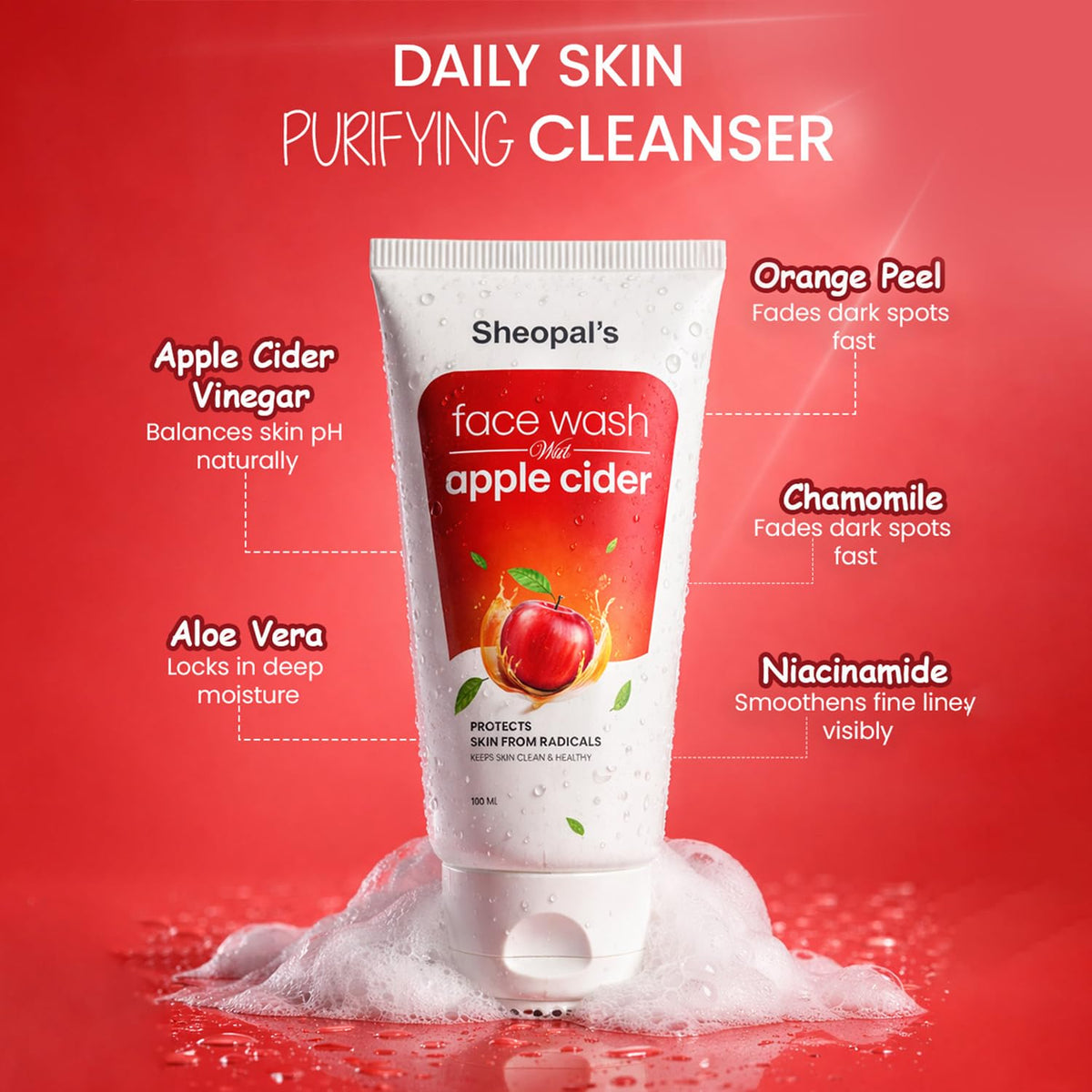 Sheopals Apple Cider Face Wash | Deep Cleans & Oil Control | Brightens Skin & Fades Tan | Paraben-Free & Sulfate-Free | 100ml