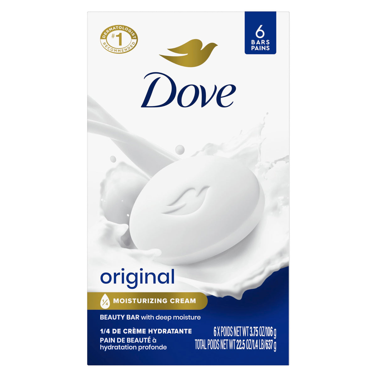 Dove Beauty Bar Soap Original, 6 Bars for Soft, Smooth Skin, with 1/4 Moisturizing Cream 3.75 oz Fragranced 3.75 Ounce (Pack of 6)