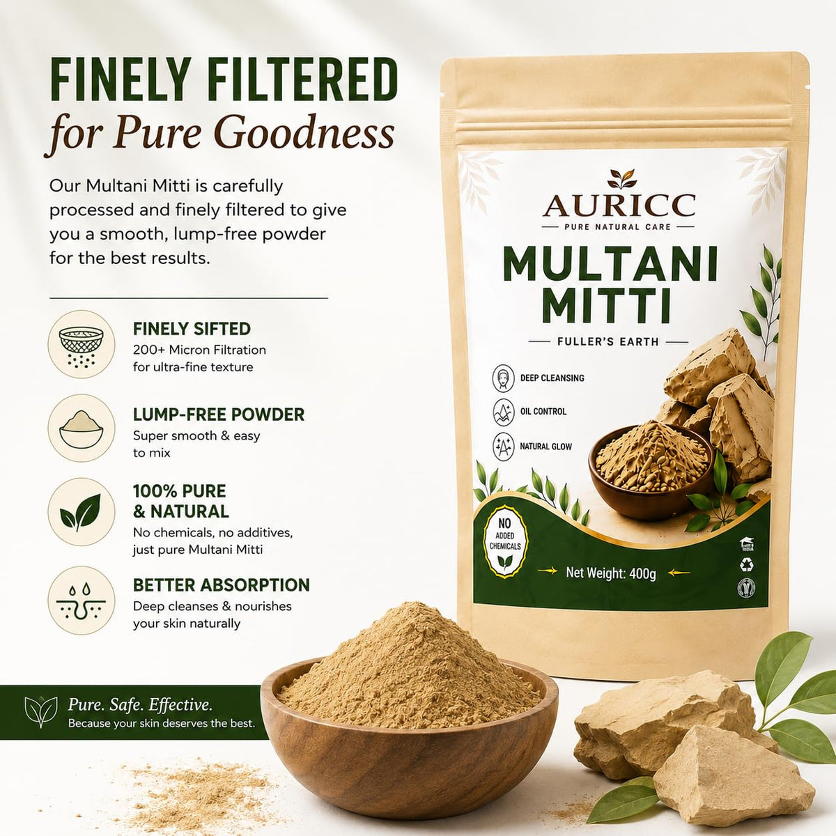 Multani Mitti Powder for Skin and Hair | Multani Mitti with Bowl and Brush | Natural Fullers Earth Face Pack for Oily & Acne Prone Skin 400g