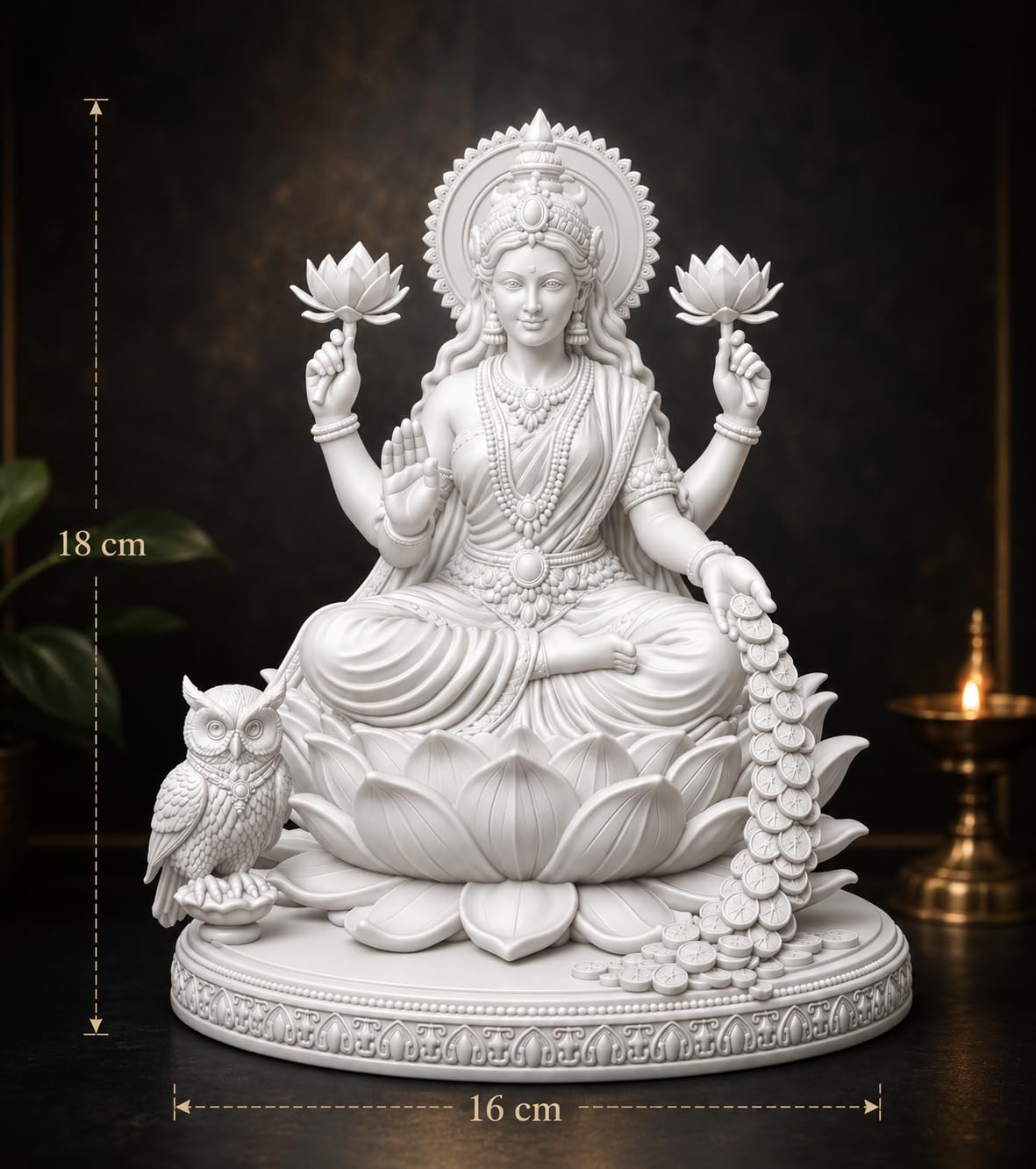 Premium White Lakshmi MATA Statue - Polymer Goddess Laxmi Idol on Lotus with Owl - Shatterproof Wealth & Prosperity Murti for Home Mandir, Diwali Puja & Gifting