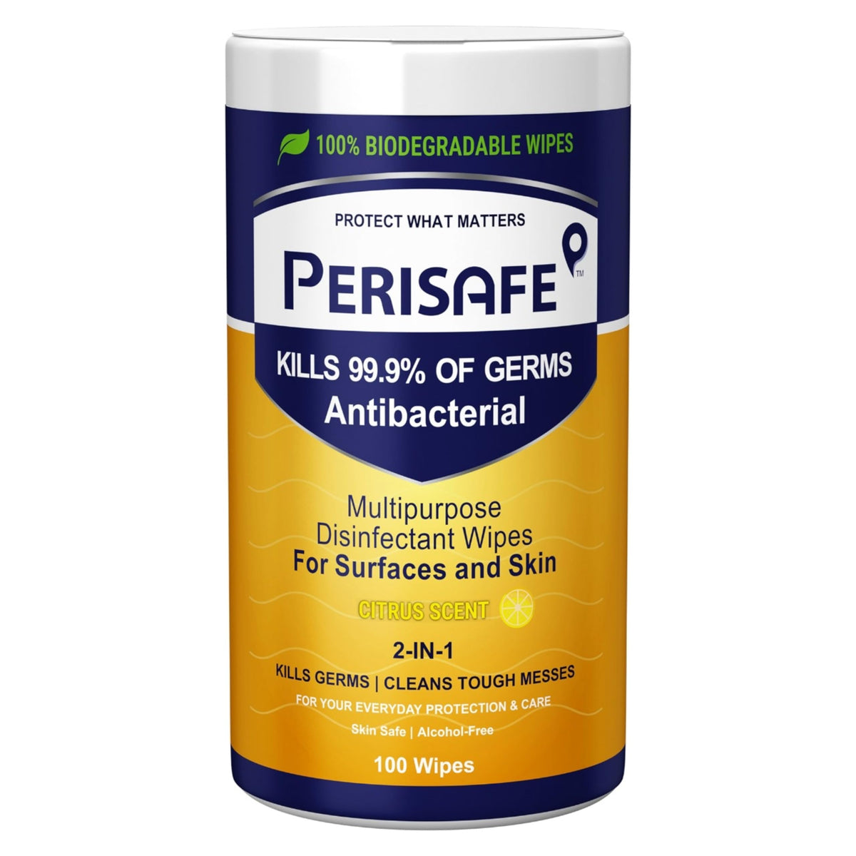 PERISAFE Multipurpose Disinfectant Wipe For Surfaces & Skin-100 Wipes | 100% Biodegradable Wipes | Antibacterial | 2-IN-1- Kills Germs & Cleans Tough Messes 1 c