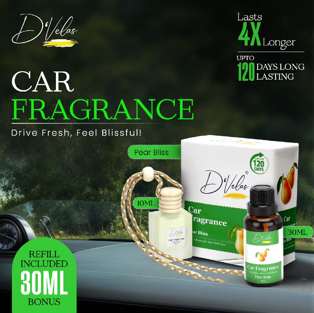D’Velas™ 40ml Car Fragrance Diffuser Set – Long-Lasting Upto 120 Days | Pear Bliss | No Paraben | Elegant 10ml Wooden Lid Bottle with 30ml Refill | Perfume Diff