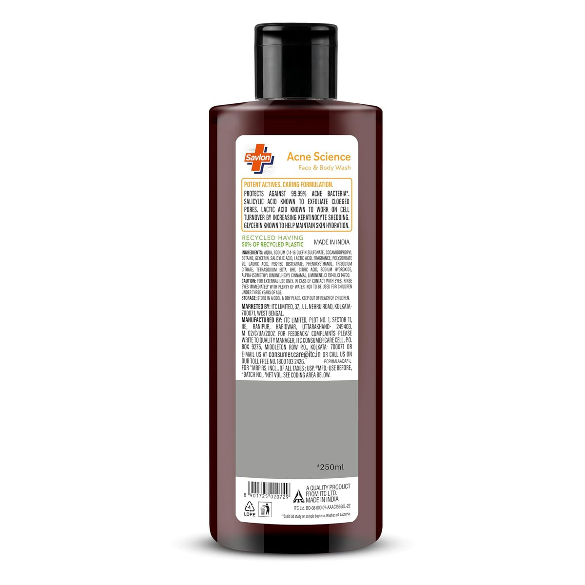 Savlon Acne Science Exfoliating Face & Body Acne Wash 250ml | Antibacterial Formula with 1% Salicylic Acid + 1% Lactic Acid | Helps Fight Acne-Causing Bacteria