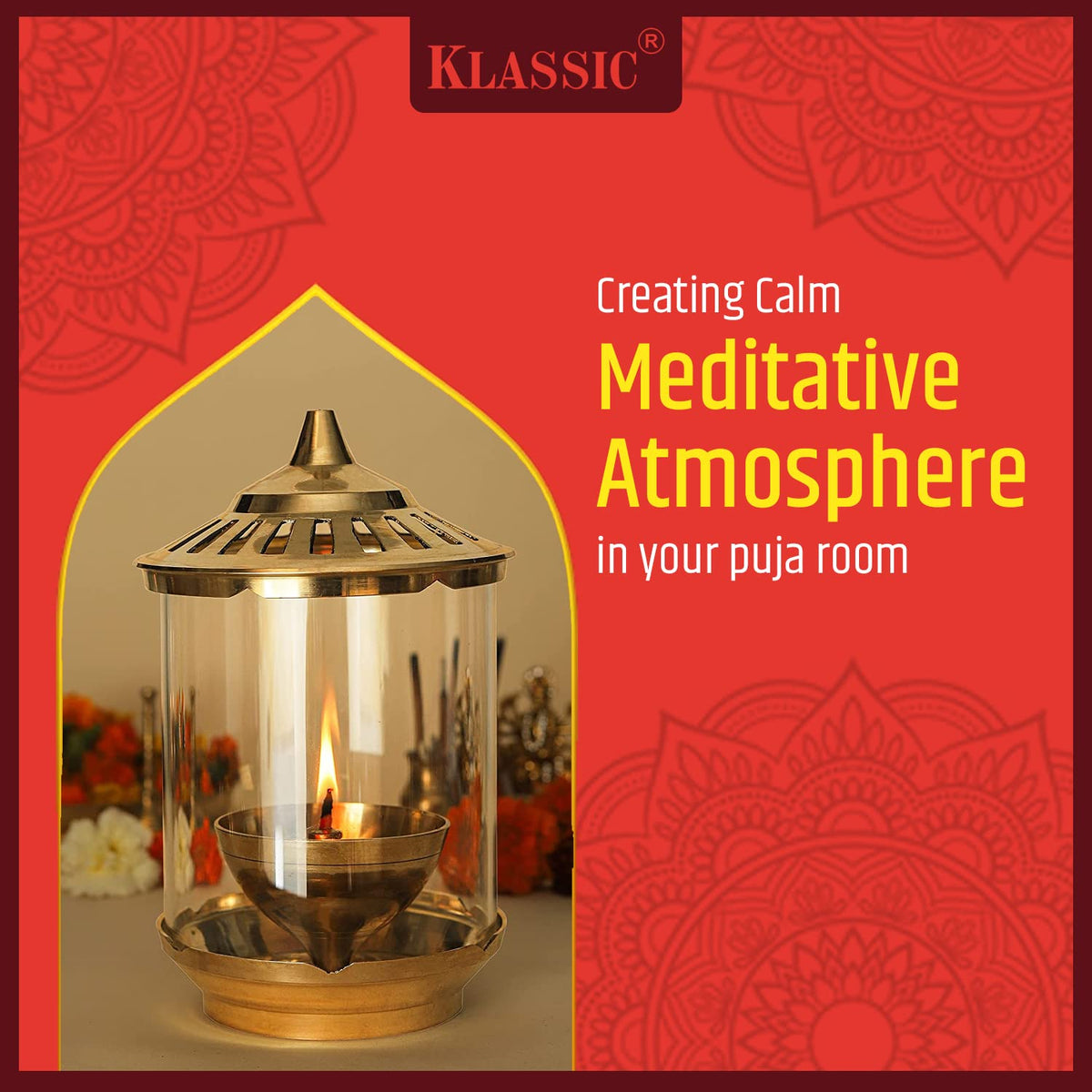 Klassic Kumbha 8 Inch Large Akhand Diya with Borosilicate Glass Shade, Wick Holder & Brass Lid | Premium Brass Oil Lamp for Mandir, Pooja, Diwali | Wind-Protect
