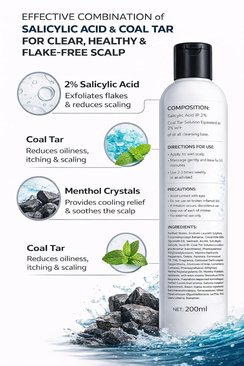 Karissa K TAR Anti Dandruff Shampoo with 2% Salicylic Acid & Coal Tar | Reduces Dandruff, Itchy Scalp & Flakes | Deep Scalp Cleansing & Oil Control | Cooling Re